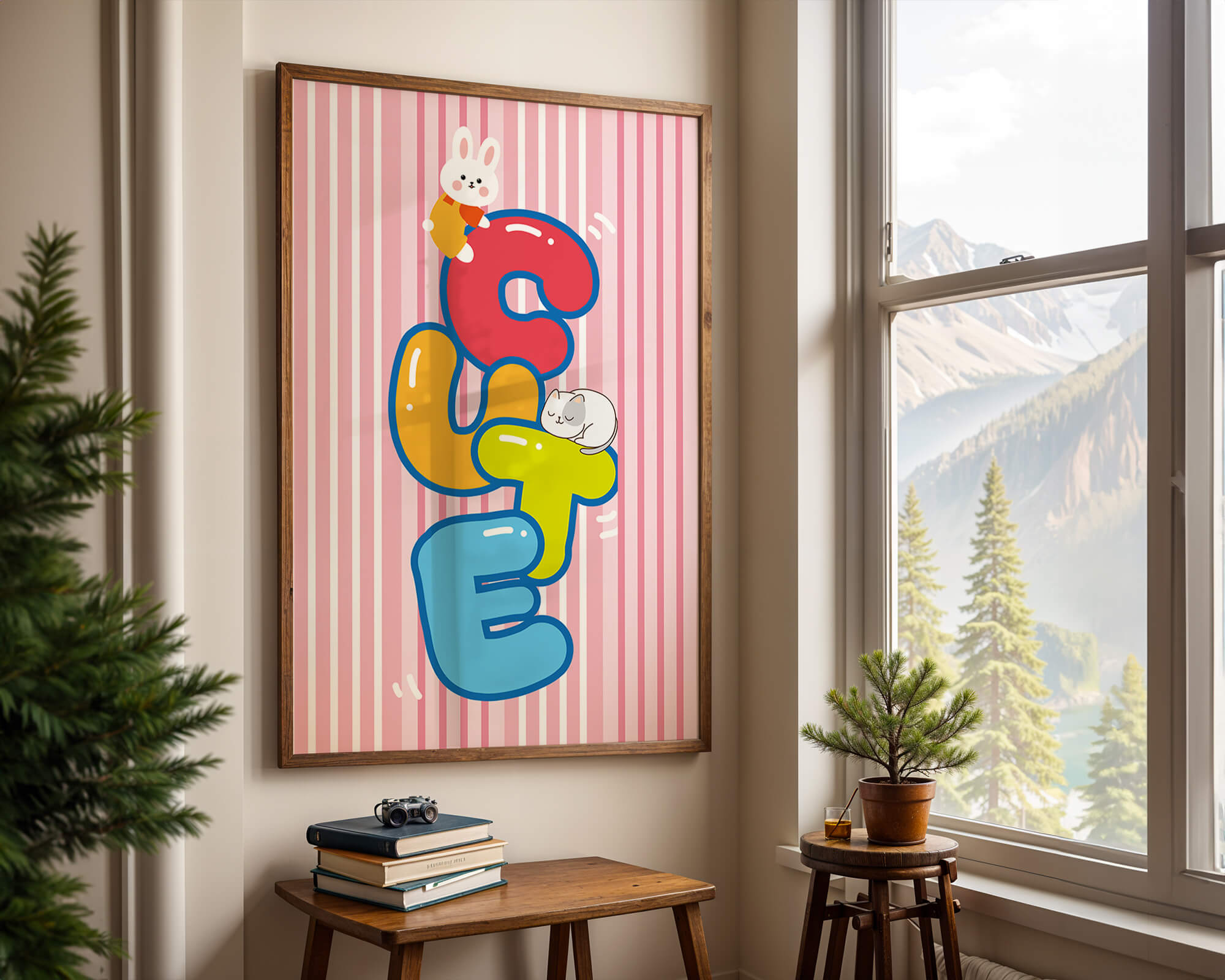 Playful cute illustration with bunny and kitten on colorful letters