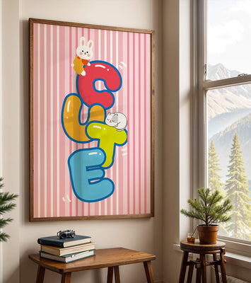 Playful cute illustration with bunny and kitten on colorful letters