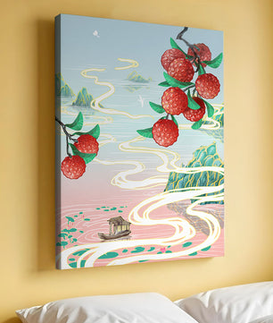 Idyllic Landscape with Lush Lychee Branches and Serene Waterscape