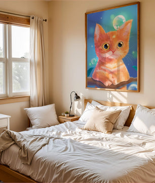 Adorable orange kitten illustration with bubbles and a colorful background