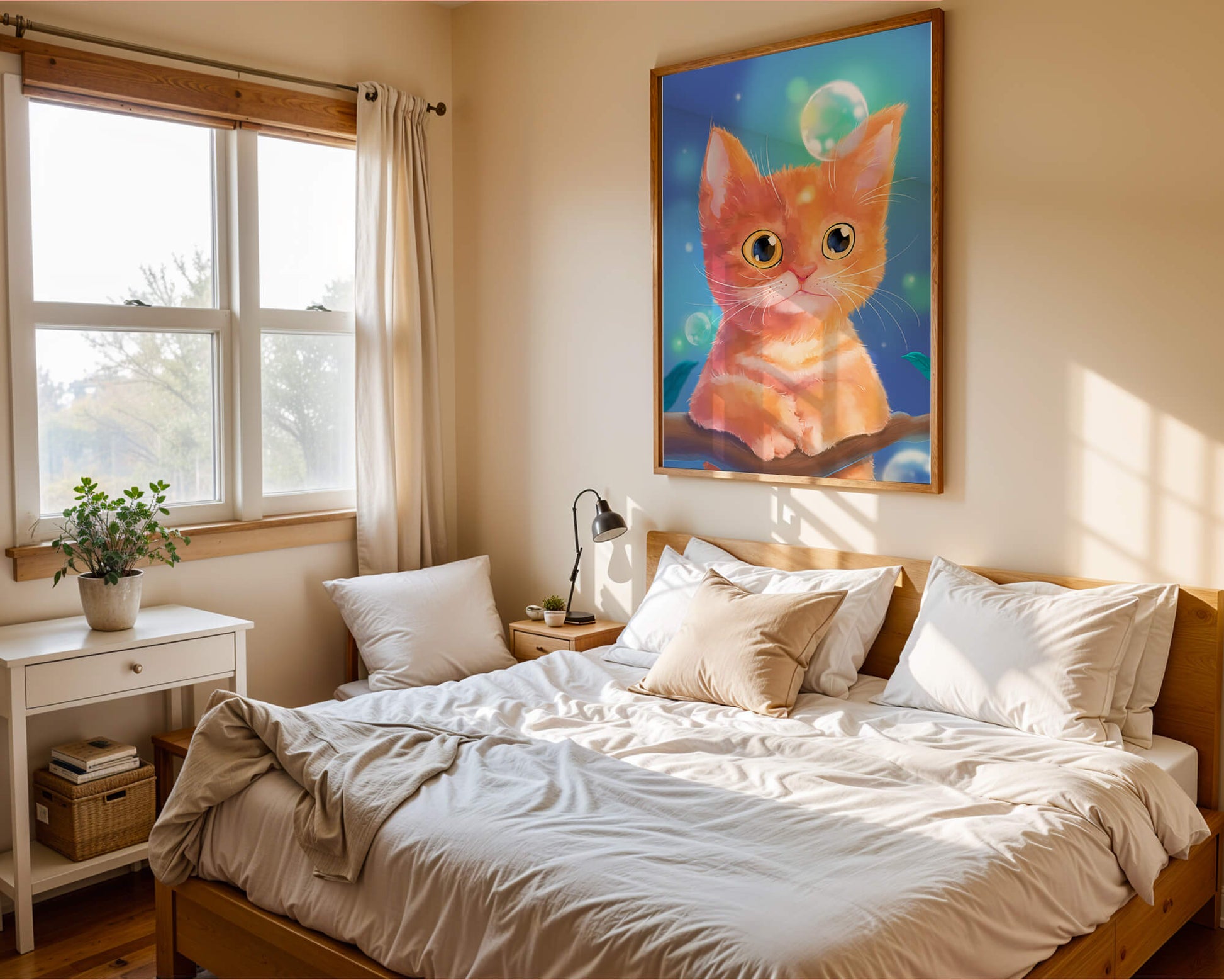 Adorable orange kitten illustration with bubbles and a colorful background