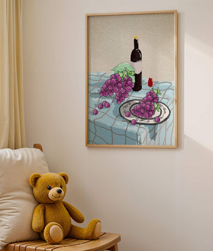 Still Life with Grapes and Wine Bottle on a Checkered Tablecloth - Mi tienda