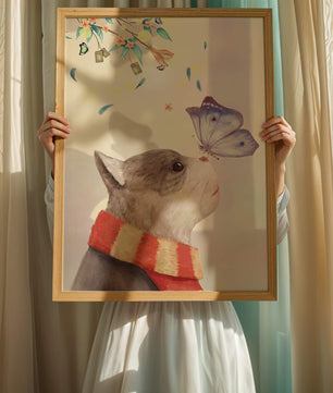Cat Staring at Butterfly with Floral Elements - Mi tienda