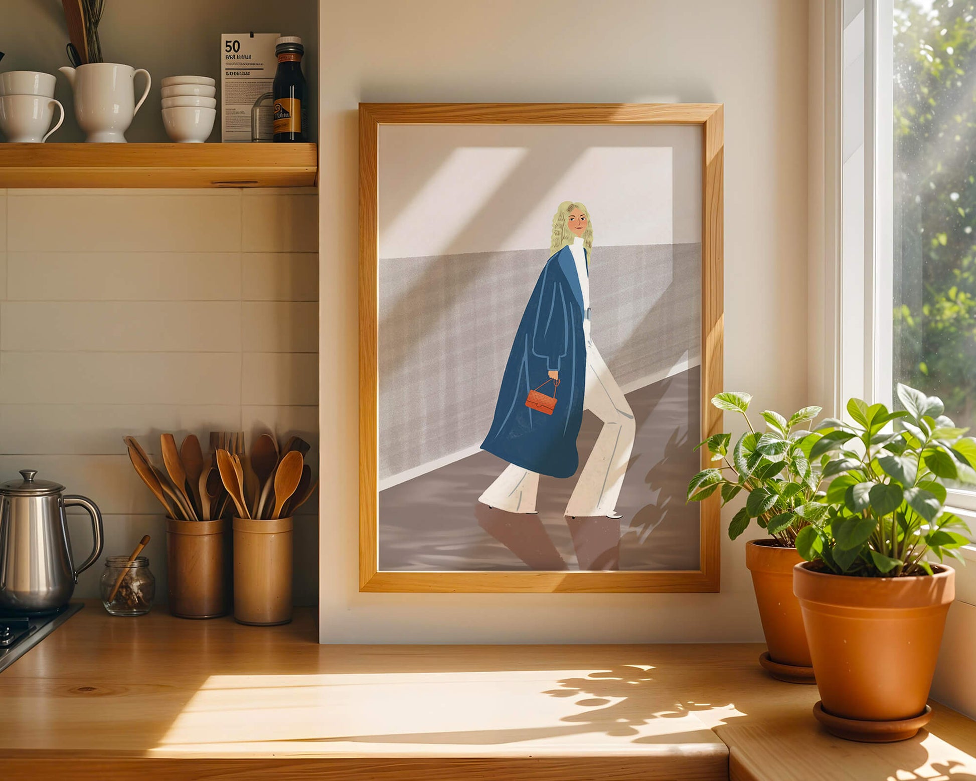 Fashionable Woman in Long Blue Coat Walking Along Corridor with Orange Handbag