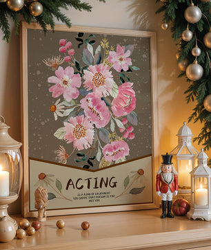 Ilustración acuarela floral con texto motivacional sobre un fondo marrón punteado