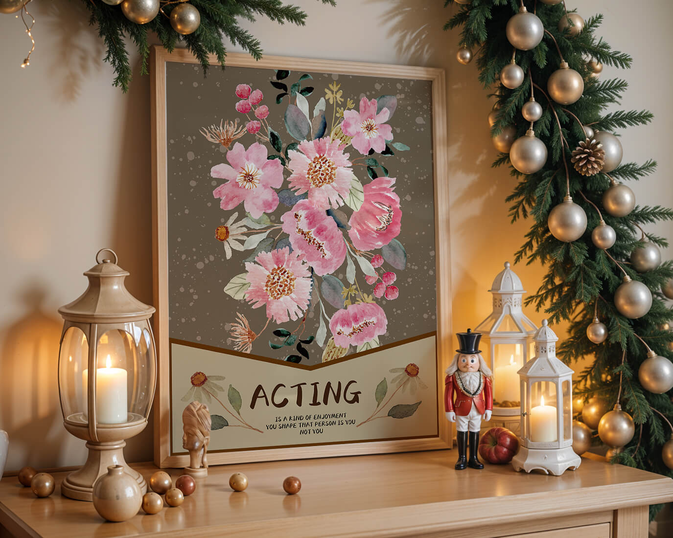 Floral watercolor illustration with motivational text on a brown dotted background