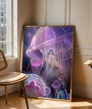 Underwater Fantasy Scene with Jellyfish and Girl