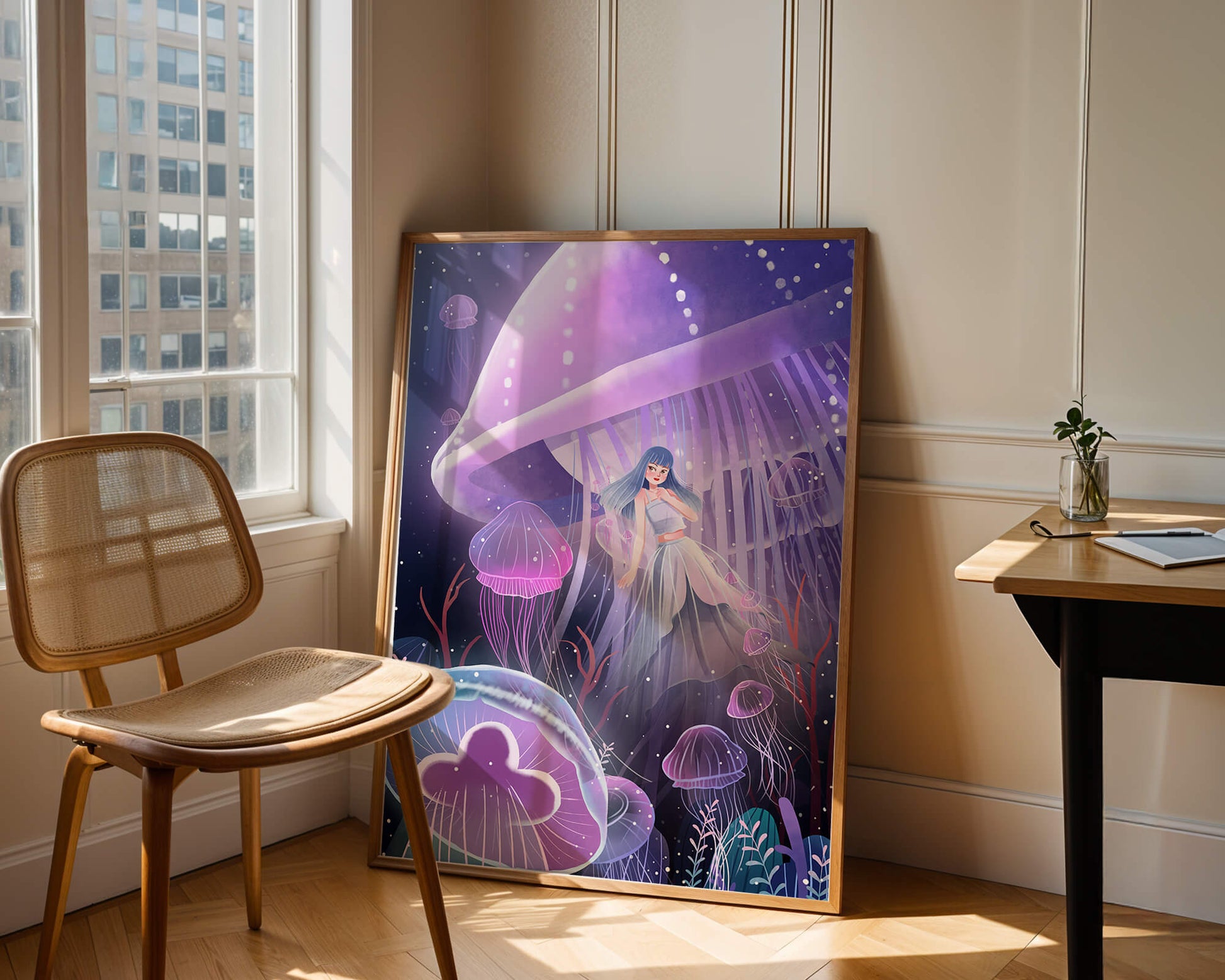 Underwater Fantasy Scene with Jellyfish and Girl