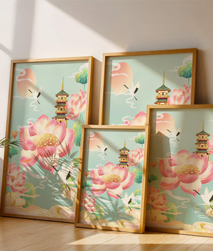 Paysage serein avec des fleurs de lotus et une pagode traditionnelle