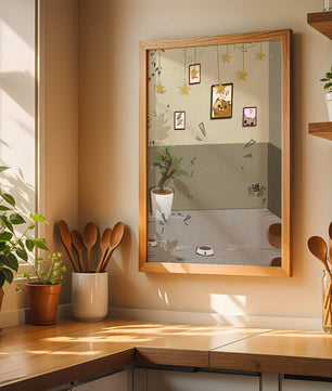Habitación acogedora con decoraciones de estrellas y obra de arte de gatos