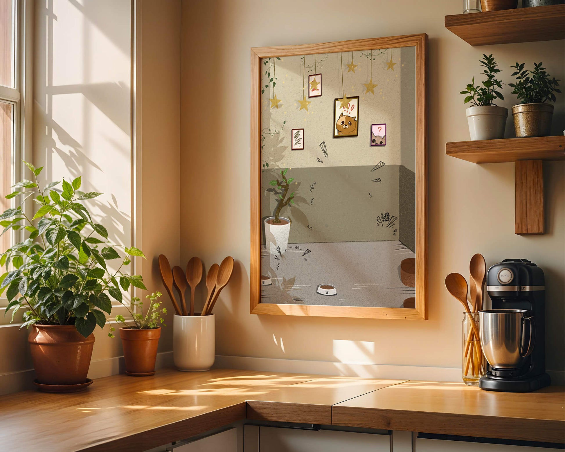 Cozy Room with Star Decorations and Cat Artwork