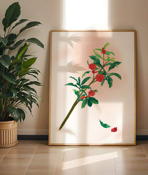 Ilustración detallada de una rama floreciente con flores rojas vivas y hojas verdes exuberantes