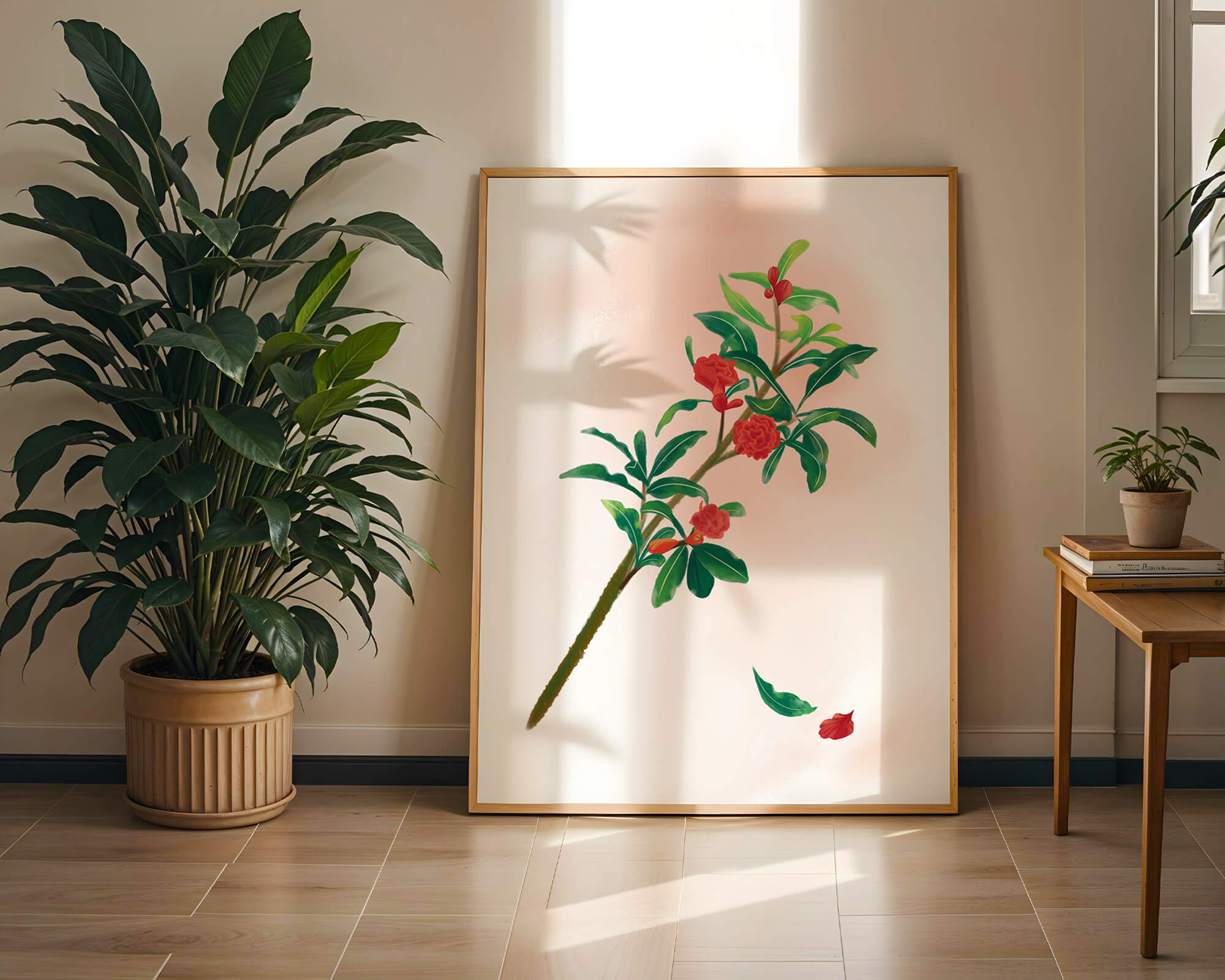 Detailed illustration of a flowering branch with vivid red blooms and lush green leaves