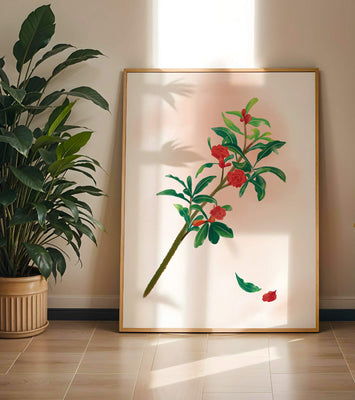 Detailed illustration of a flowering branch with vivid red blooms and lush green leaves