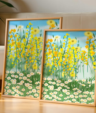 Frühlingwiese mit blühenden gelben und weißen Blumen