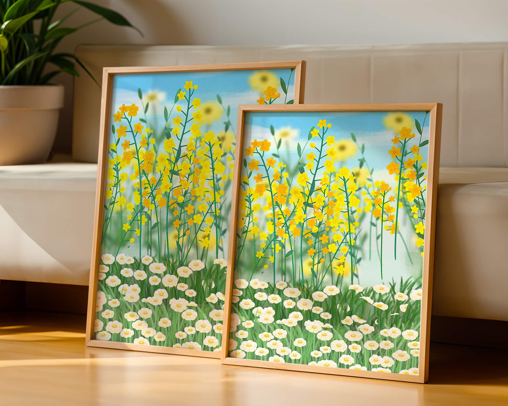Springtime Meadow With Blooming Yellow And White Flowers