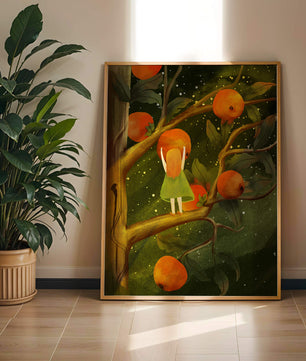 Little Girl Picking Oranges on a Starry Night