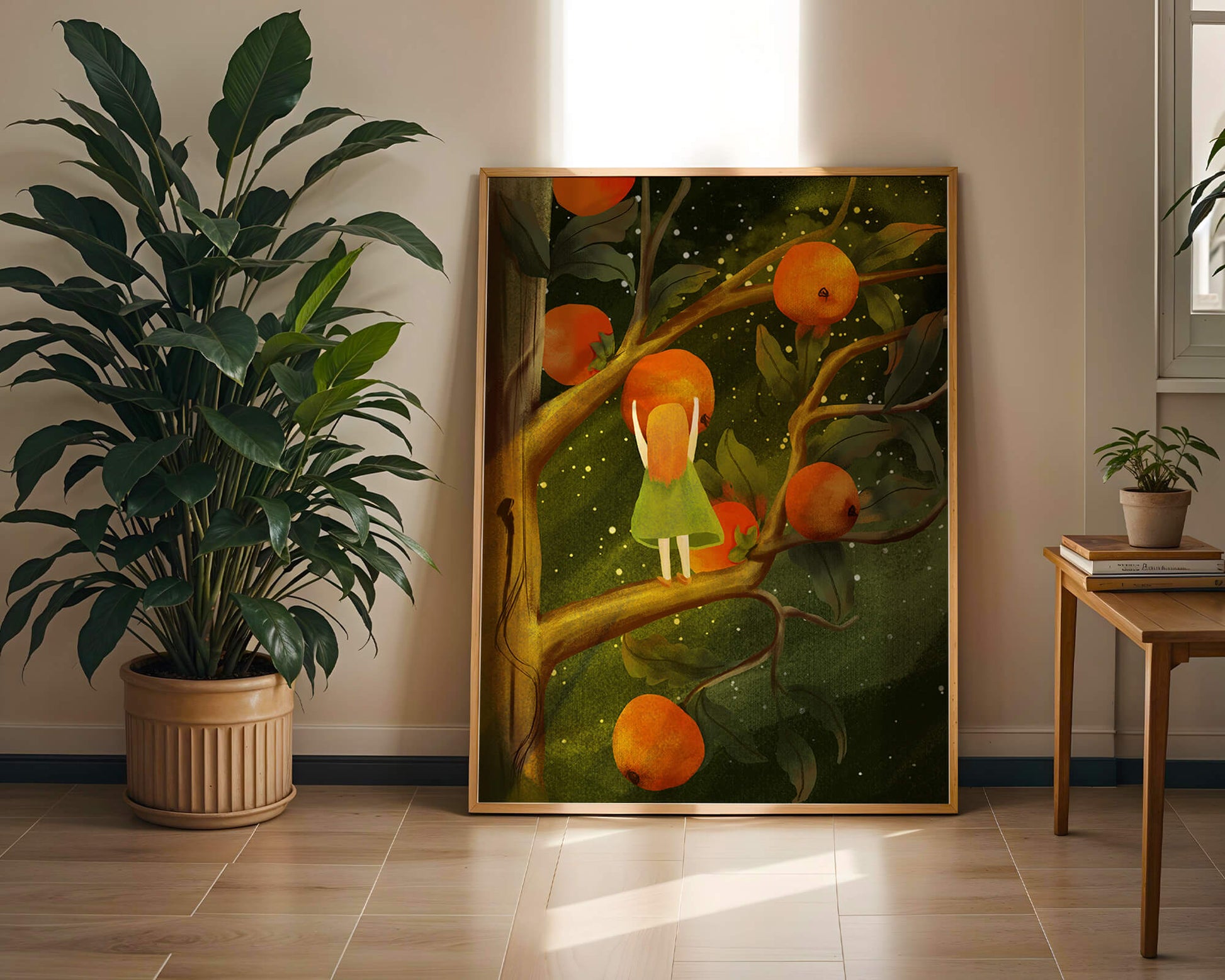 Little Girl Picking Oranges on a Starry Night