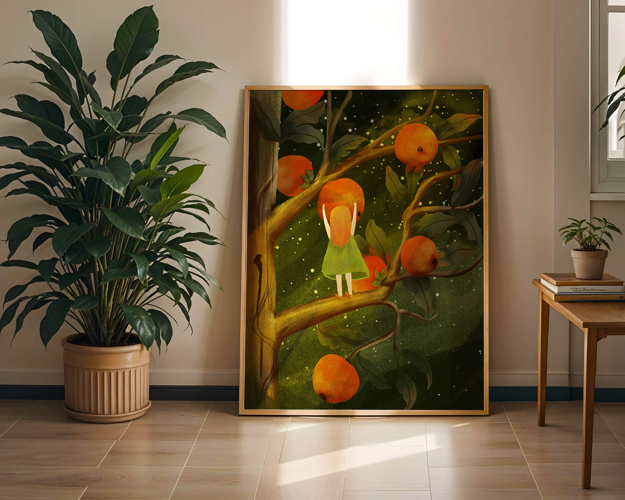 Little Girl Picking Oranges on a Starry Night