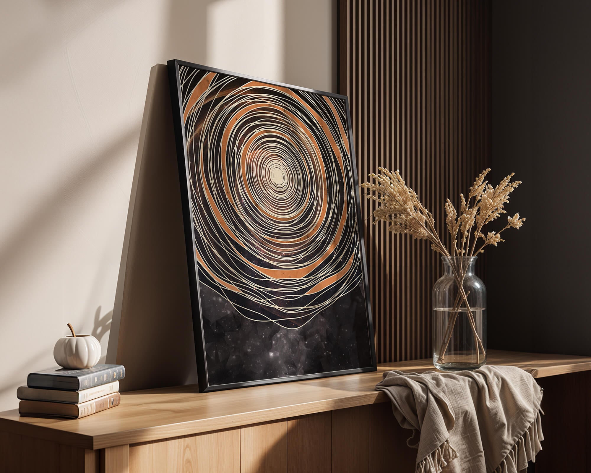 Abstract cosmic spiral with concentric oval patterns and starry background
