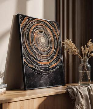 Espiral cósmica abstracta con patrones ovalados concéntricos y fondo estrellado