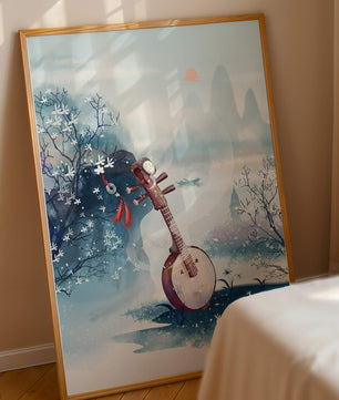 Paisaje tradicional chino con instrumento musical y flores