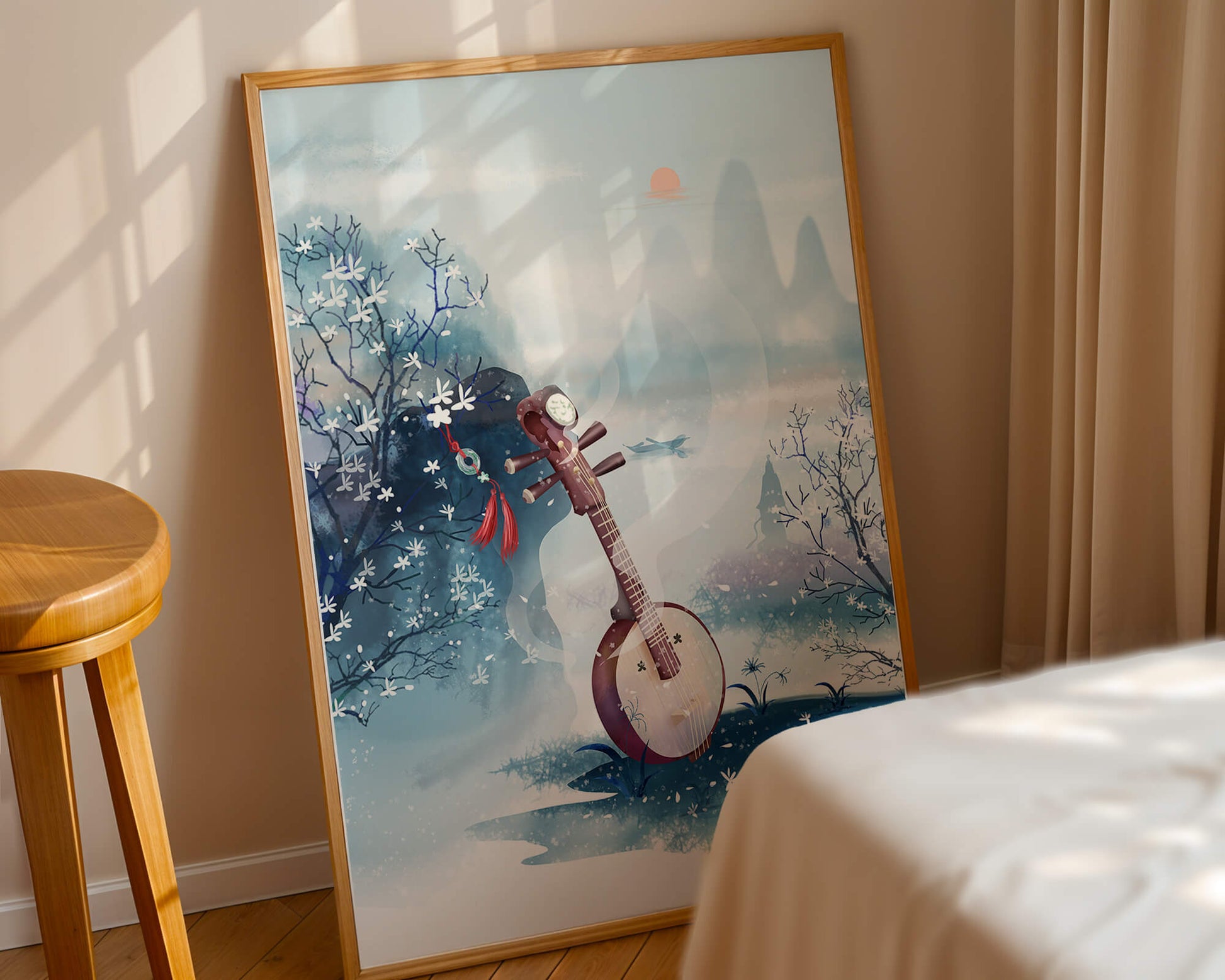 Paisaje tradicional chino con instrumento musical y flores