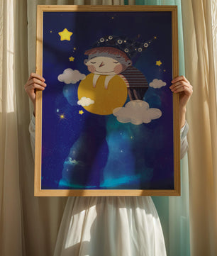 Scène nocturne onirique avec un enfant étreignant la lune