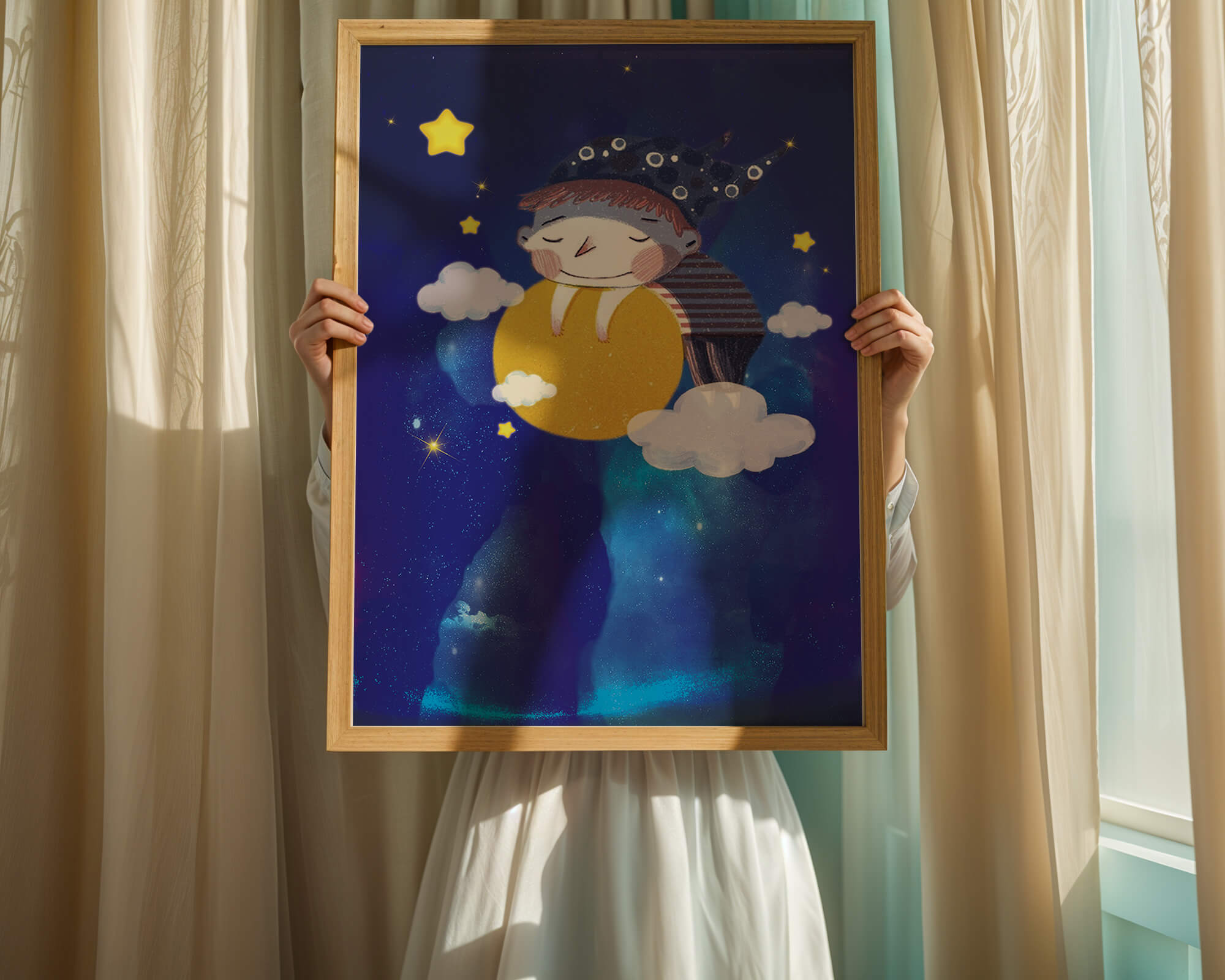 Dreamy Nighttime Scene with a Child Hugging the Moon