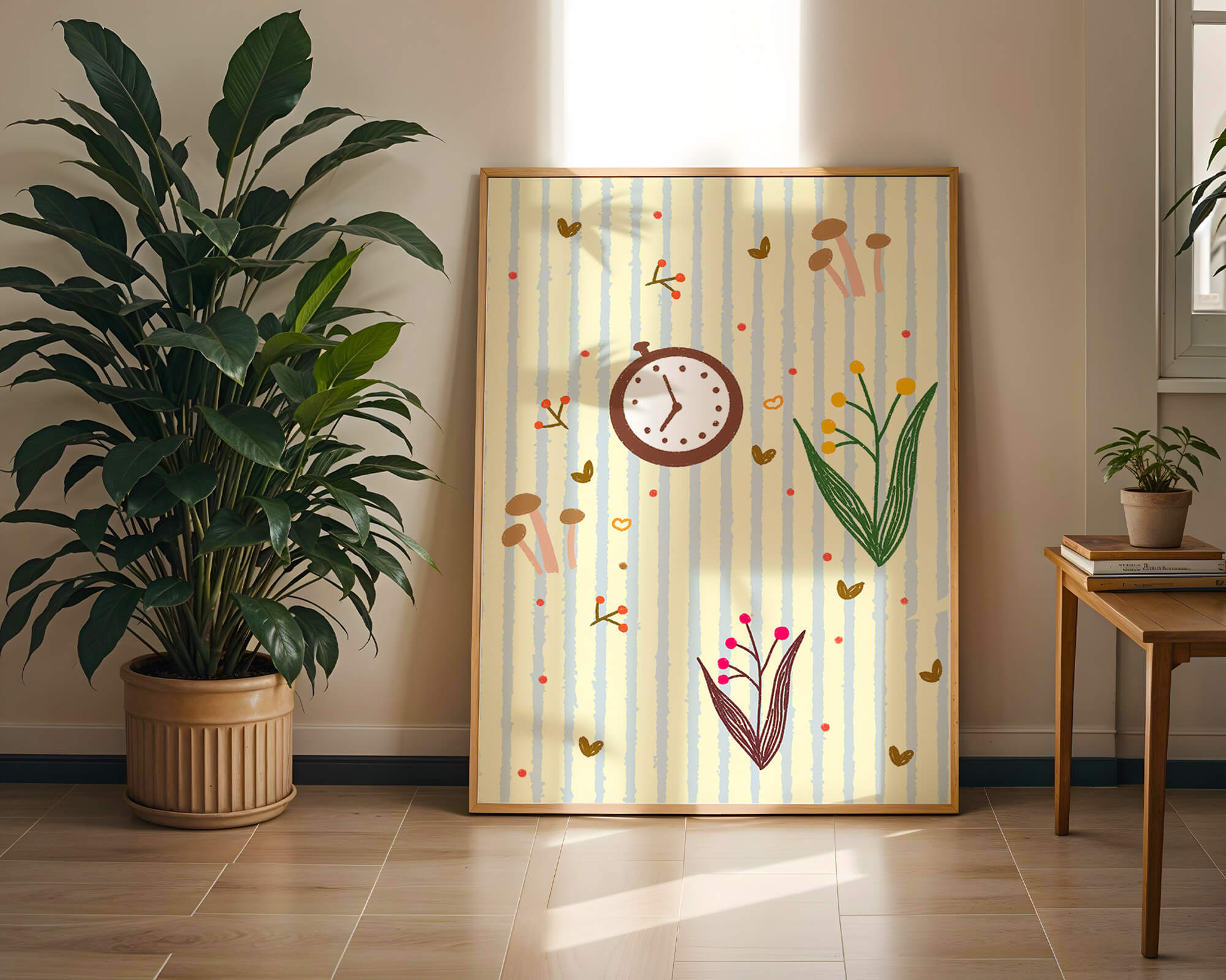 Whimsical pattern with clock, mushrooms, and florals on striped background