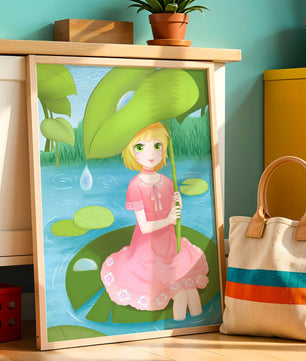 Whimsical Illustration of a Young Girl in a Pink Dress Sitting on a Lily Pad