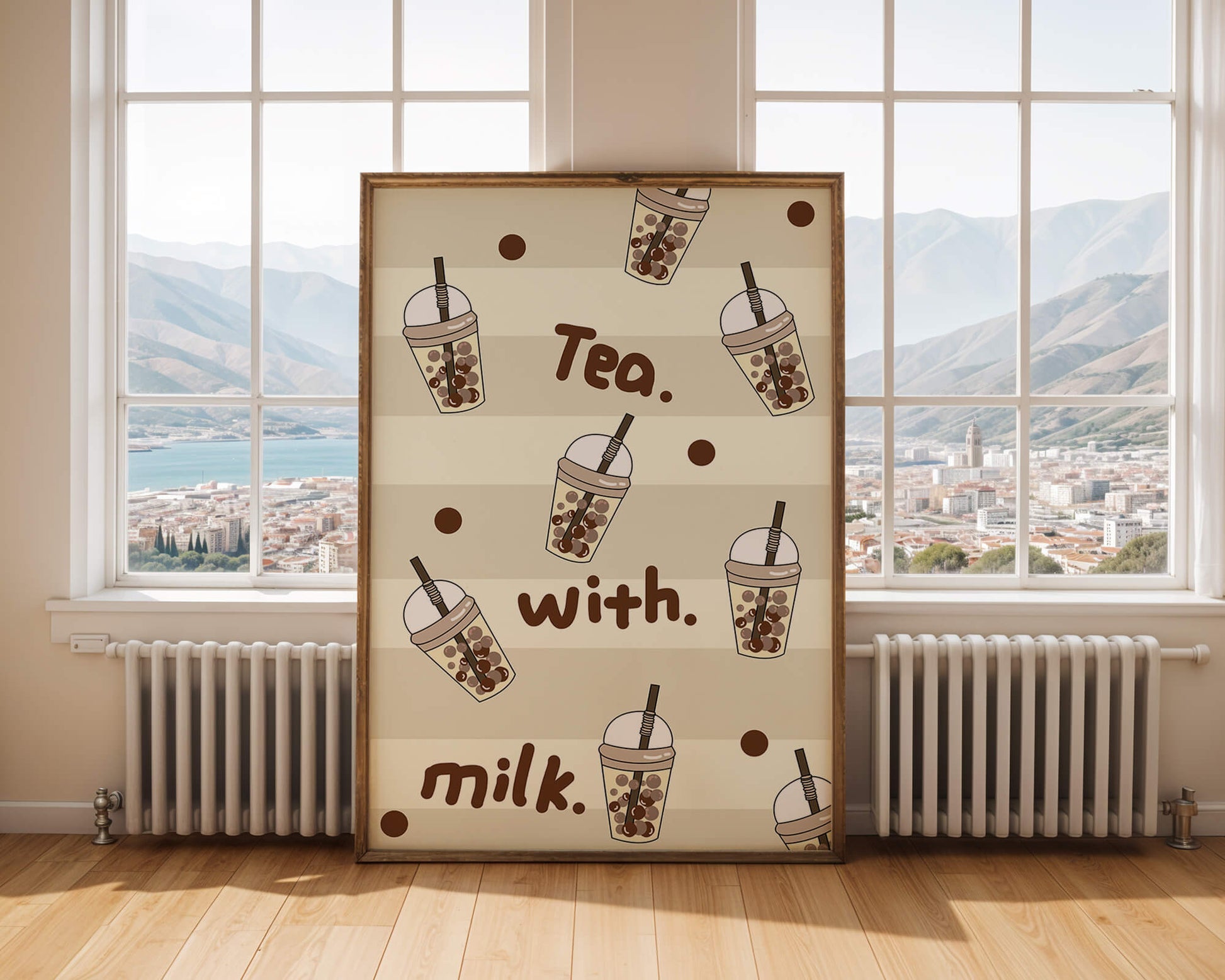 Boba tea pattern with text and bubble illustrations