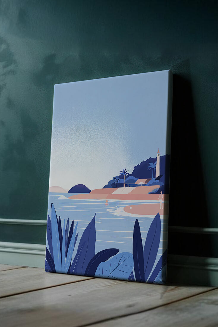 Serene seaside scene with lighthouse and tropical foliage