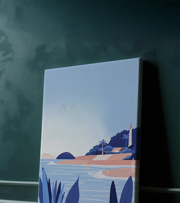 Serene seaside scene with lighthouse and tropical foliage