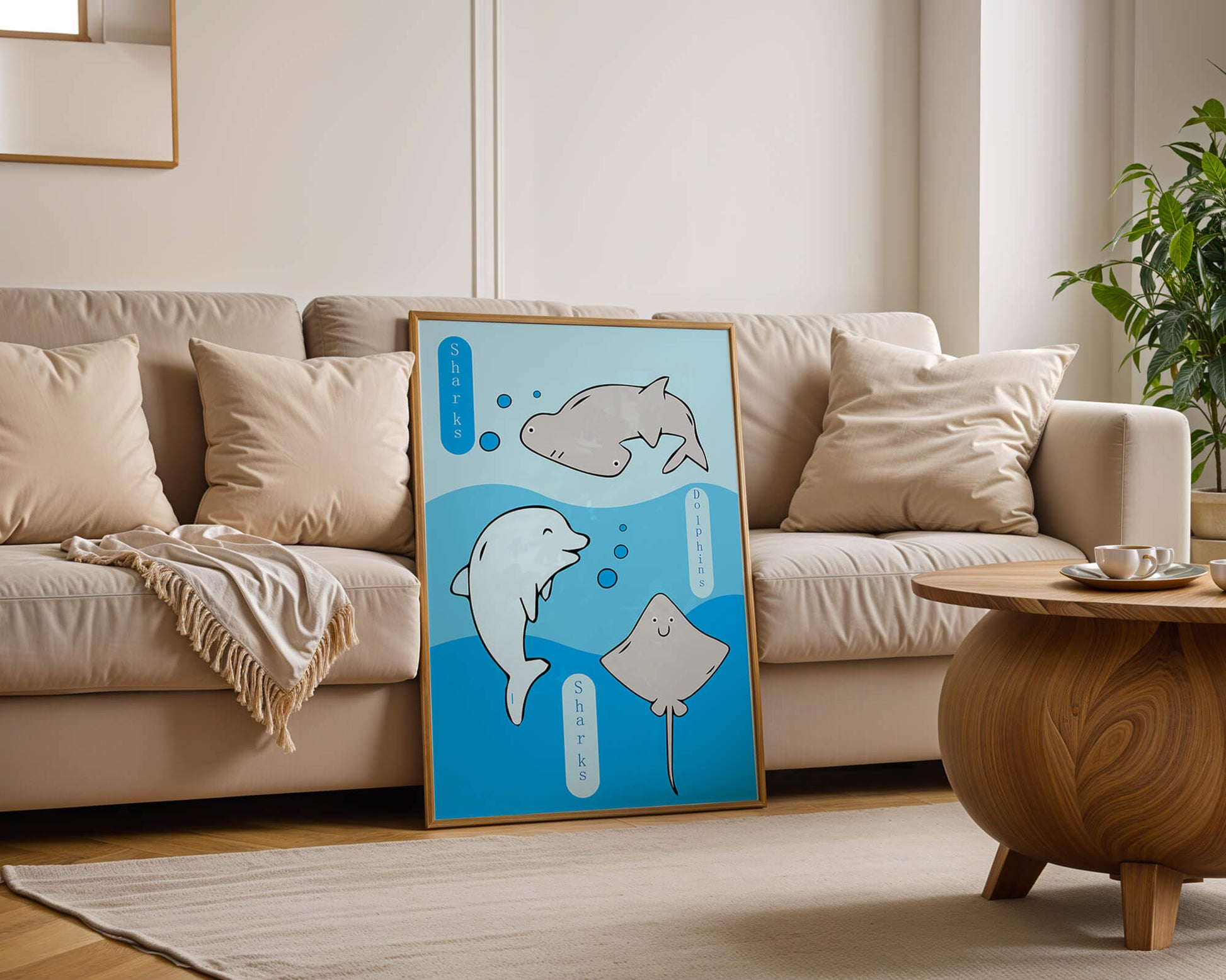 Cartoon sea animals illustration with shark, dolphin, and stingray