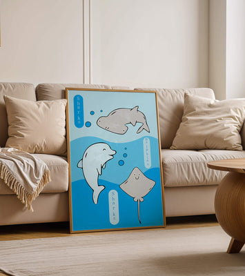 Cartoon sea animals illustration with shark, dolphin, and stingray