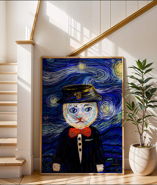 Whimsical cat character against starry night sky background