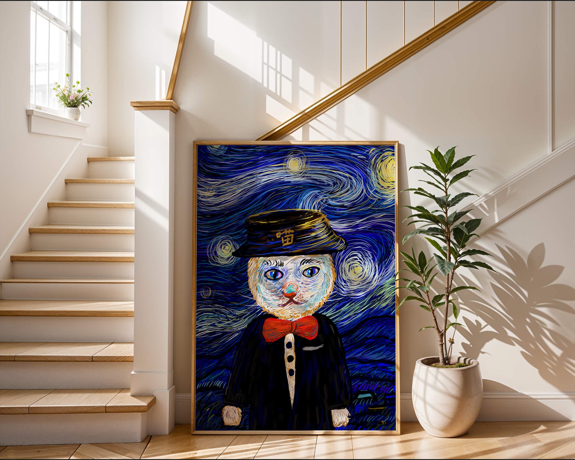 Whimsical cat character against starry night sky background