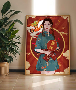 Elegant woman in traditional attire with lion dance mask in vibrant background