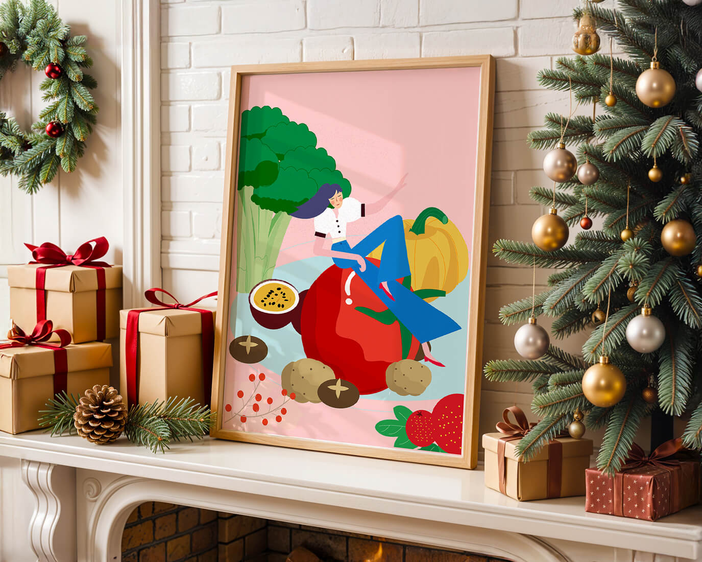 Ilustración de una mujer rodeada de verduras y frutas vibrantes.