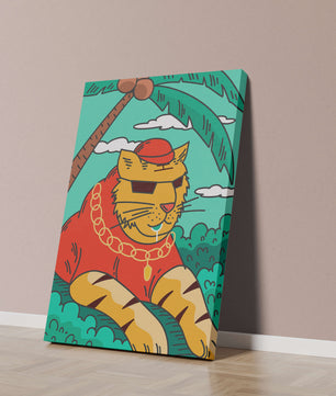 Stylish cartoon tiger lounging under a tropical palm tree with gold accessories