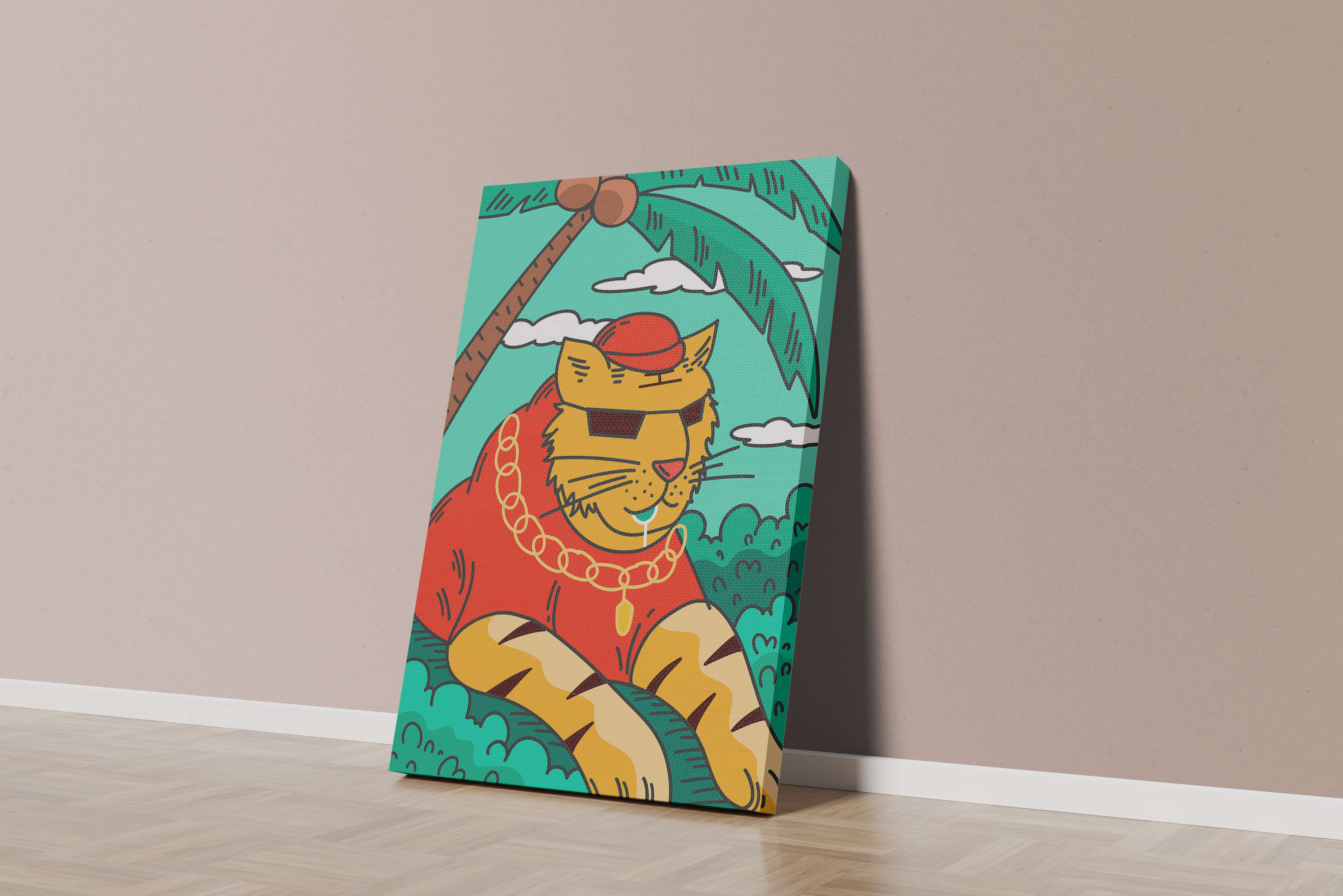 Stylish cartoon tiger lounging under a tropical palm tree with gold accessories