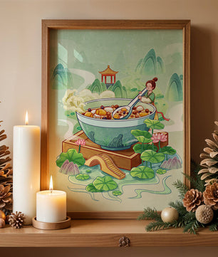 Illustration of a traditional Asian scene with large bowl and serene landscape