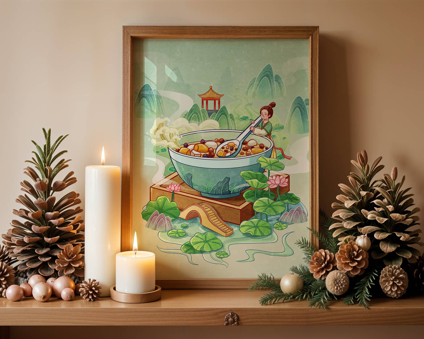 Illustration of a traditional Asian scene with large bowl and serene landscape