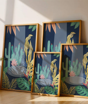 Ilustración botánica colorida con cactus y hojas tropicales