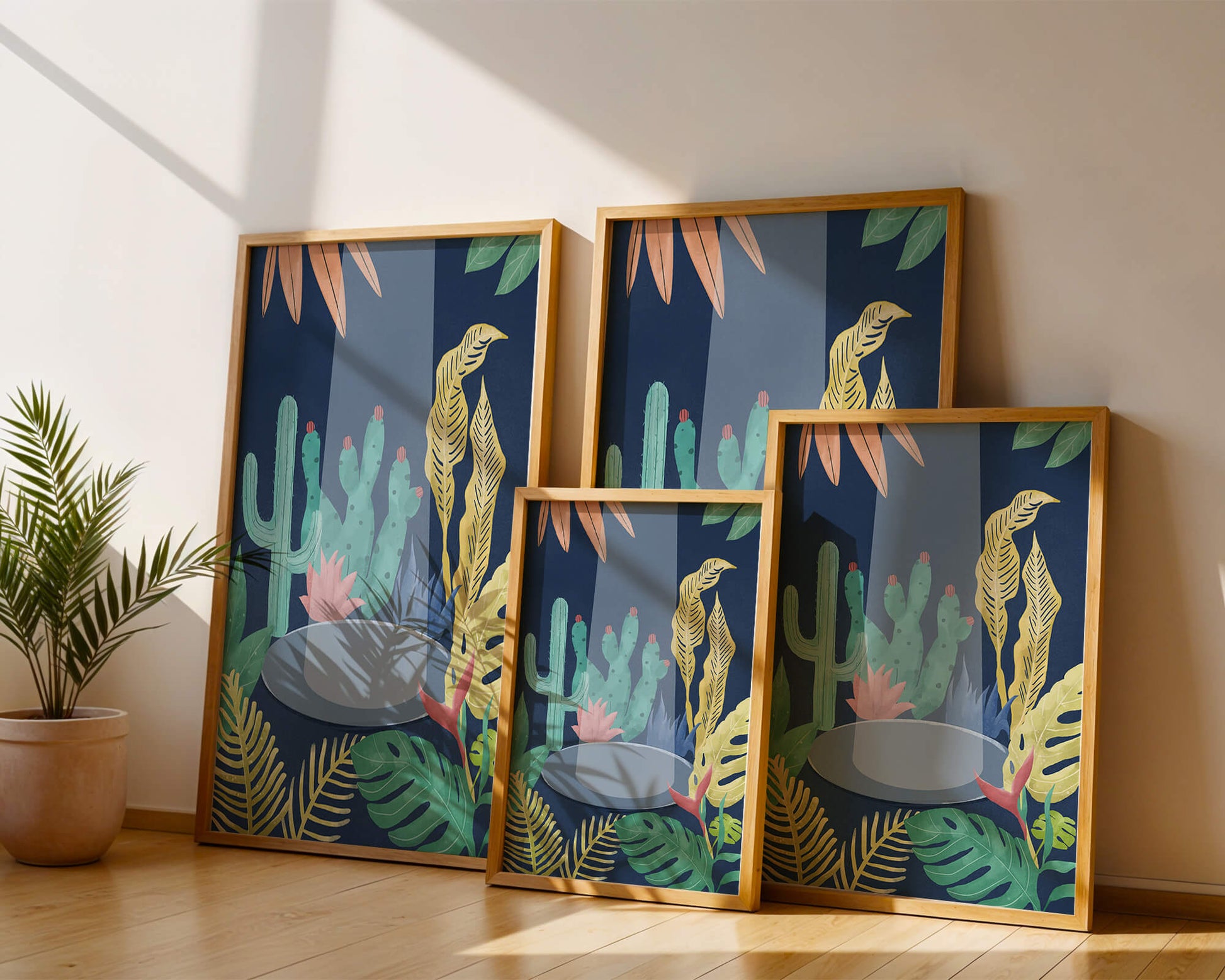 Colorful botanical illustration featuring cacti and tropical leaves