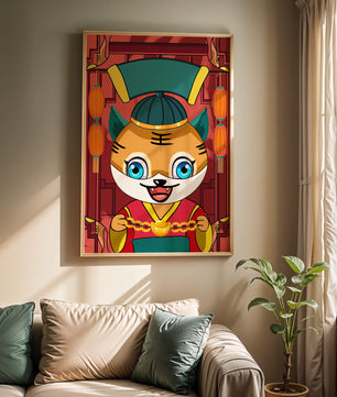 Tigre de dibujos animados colorido con linternas y elementos tradicionales