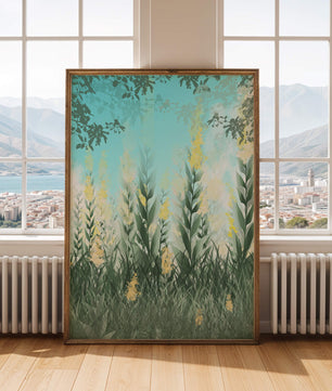 Serene Garden with Tall Green Leaves and Yellow Flowers Under Blue Sky