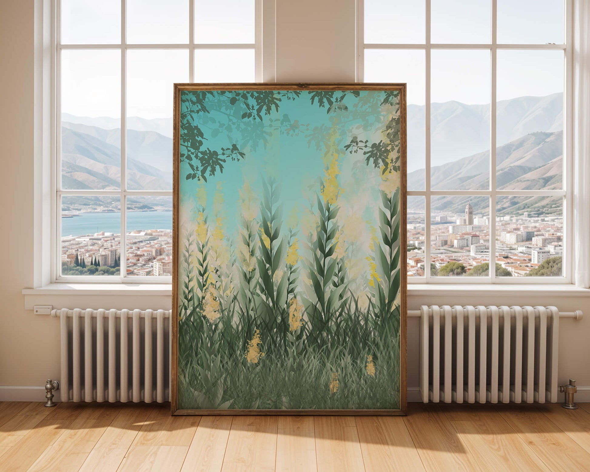 Jardín sereno con hojas verdes altas y flores amarillas bajo el cielo azul