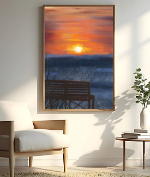 Tranquil Sunset over Ocean with a Lonely Bench